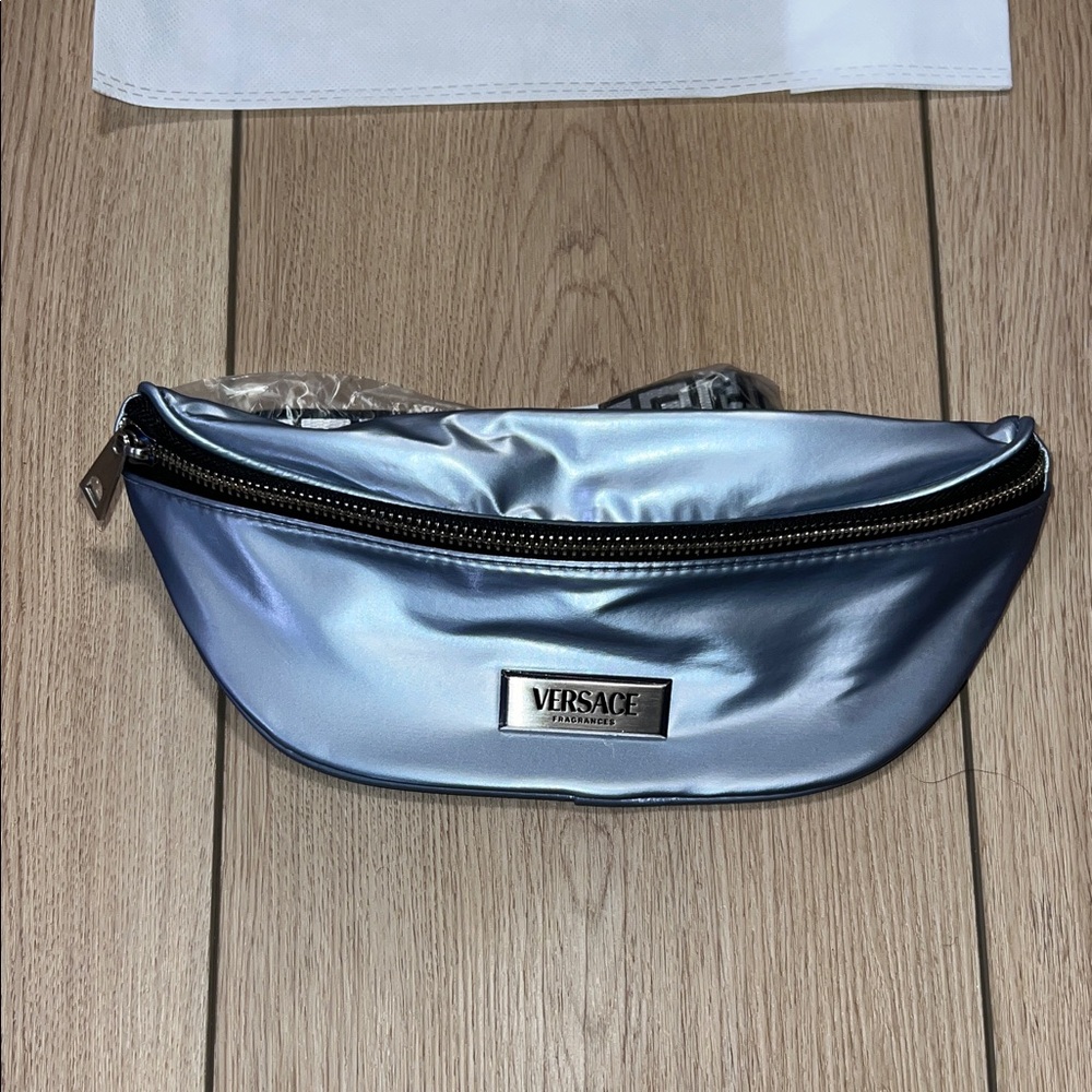 NWT - Versace Shiny Silver Blue Belt / Waist Bag